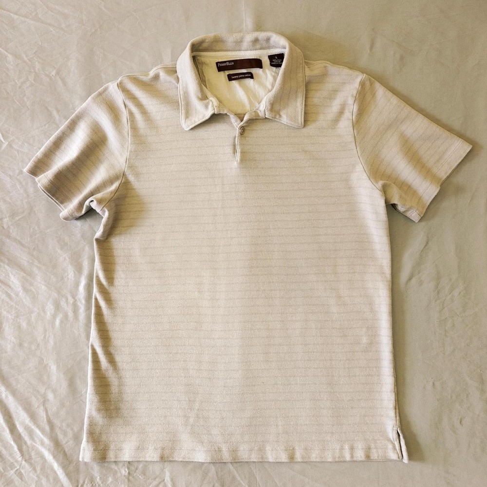 Perry Ellis 100% Luxury Pima Cotton Polo Shirt Men Large Beige Micro Stripe Vtg
